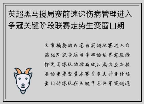 英超黑马搅局赛前速递伤病管理进入争冠关键阶段联赛走势生变窗口期