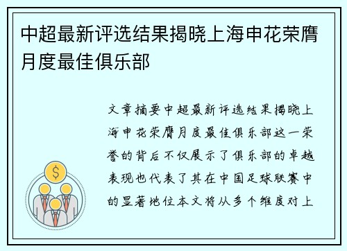中超最新评选结果揭晓上海申花荣膺月度最佳俱乐部